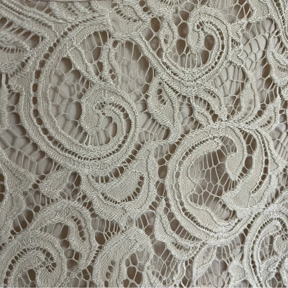 ADRIANNA PAPELL Women Size Small Beige Floral Lace Crew Neck Short Sleeve Blouse - Picture 2 of 13